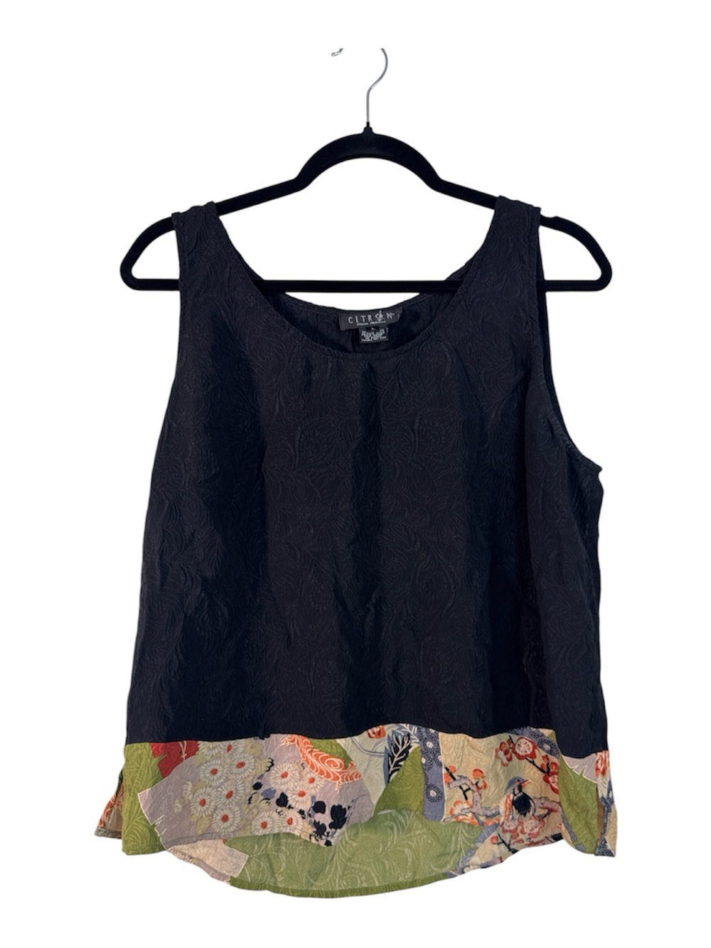Citron Black Silk Green Hem Blouse Womens L Lagenlook Sleeveless Top Casual